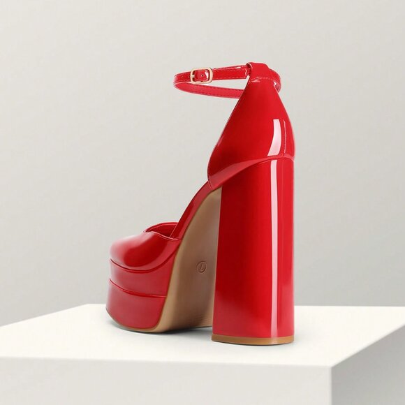 Red Fashionable Women's High Block platform Heels - Picture 5 of 9